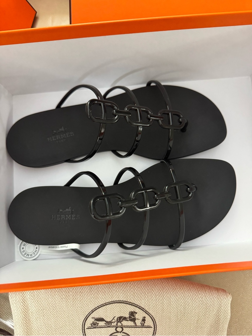 AUTHENTIC MYKONOS Black Calfskin Chain-Strap Flat Sandals